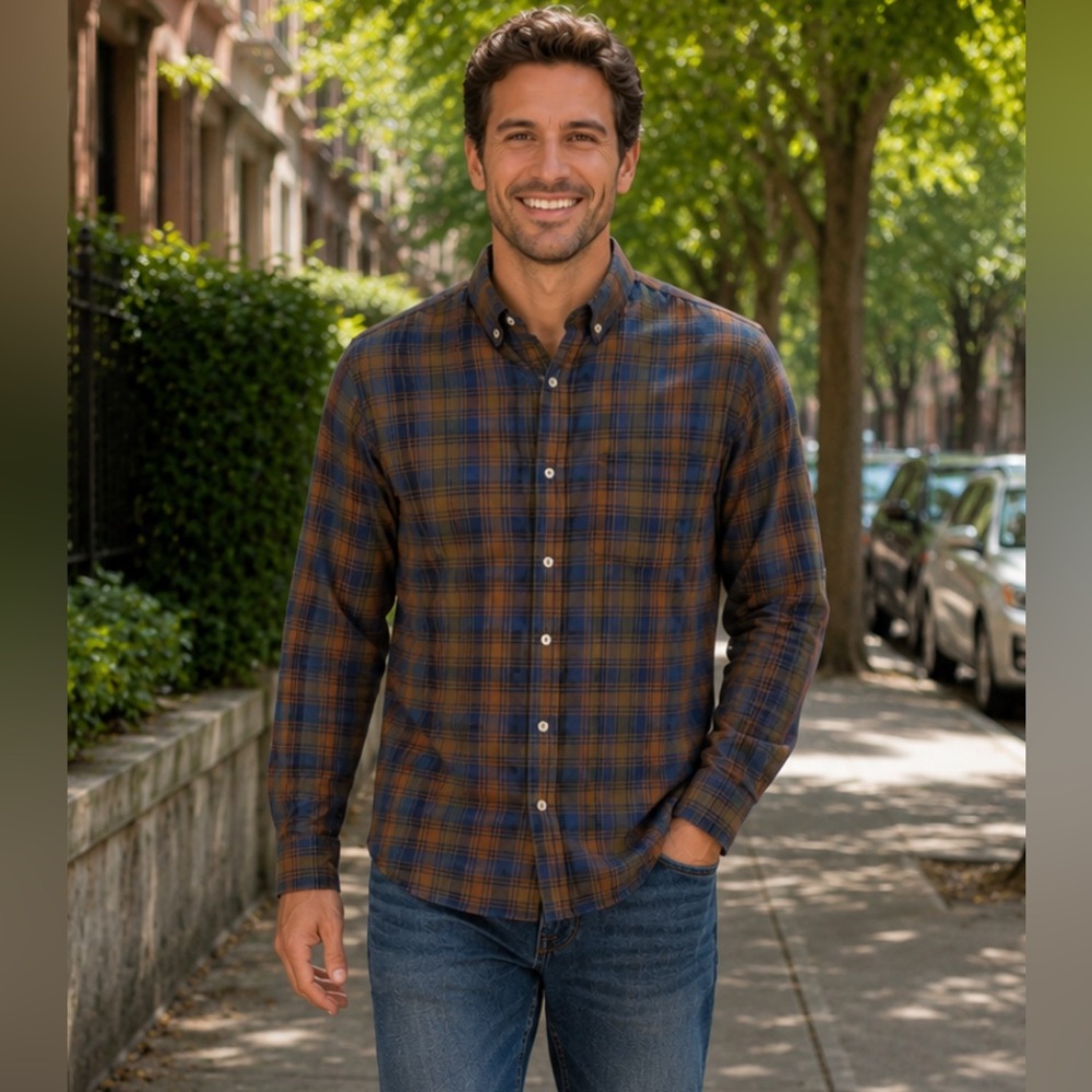 $225 STEVEN ALAN Made In USA Shirt Men S Plaid Single Stitch Preppy Cotton Brown